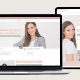 Responsywna strona internetowa logopedy Paula wyświetlona na laptopie, tablecie i smartfonie, z widocznym logo i zdjęciem logopedki.