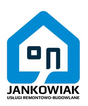 Niebieskie logo firmy JANKOWIAK Usługi Remontowo-Budowlane w kształcie domu z oknem. Minimalistyczny design, czcionka bezszeryfowa, białe tło. Symbol domu w logo.