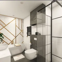 Wizualizacja nowoczesnej łazienki z białymi marmurowymi płytkami z geometrycznym złotym wzorem, owalnym lustrem z podświetleniem, wolnostojącą wanną i kabiną prysznicową w stylu loft z czarnymi...