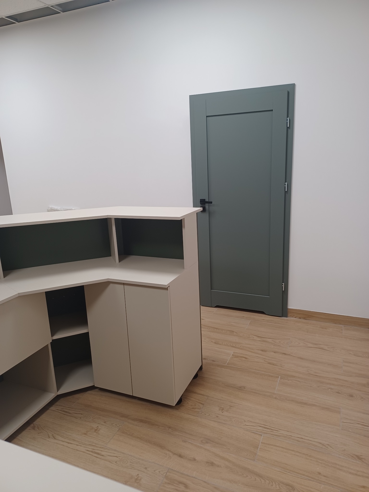Nowoczesna, narożna lada recepcyjna w jasnej kolorystyce, z widocznymi półkami i szafkami, na tle białych ścian i drewnopodobnej podłogi, obok szare drzwi.