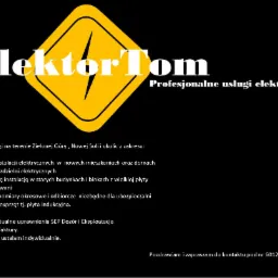 Logo firmy ElektroTom z symbolem błyskawicy w żółtym kwadracie, oferującej profesjonalne usługi w zakresie montażu, modernizacji instalacji, pomiarów i usuwania awarii na terenie Zielonej Góry...
