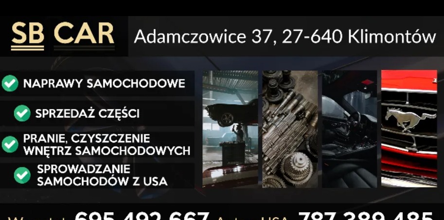 Kolaż zdjęć: samochód na podnośniku w warsztacie, zestaw przekładni i wnętrze samochodu z detalami grilla Mustanga, prezentujący zakres usług warsztatu samochodowego.