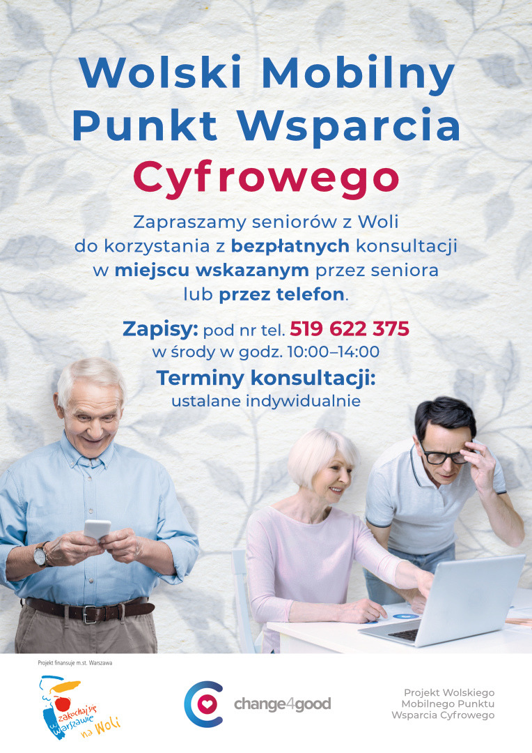 Plakat informujący o Wolskim Mobilnym Punkcie Wsparcia Cyfrowego dla seniorów, z trzema osobami: mężczyzna z telefonem, kobieta i mężczyzna pochyleni nad laptopem.