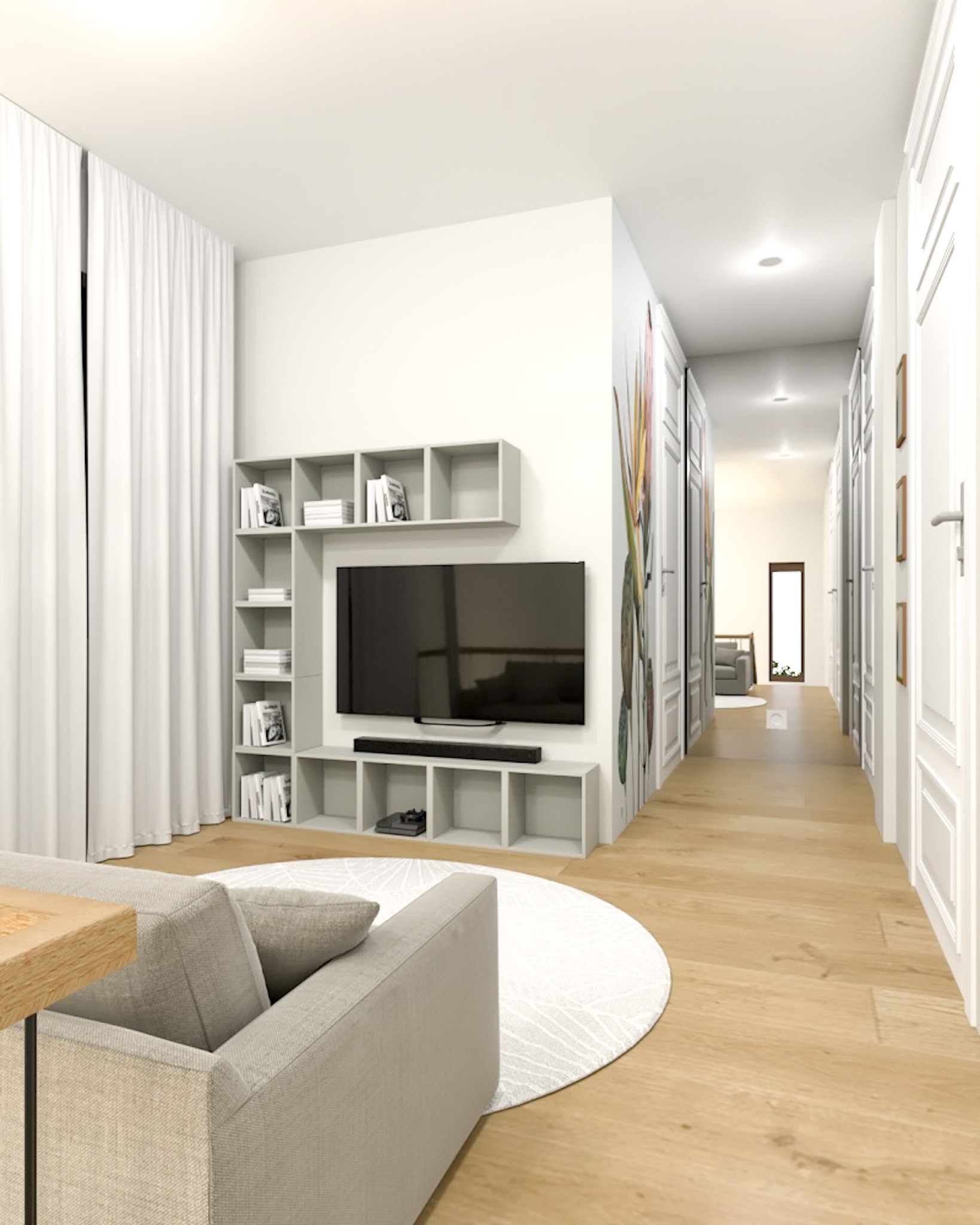 Wizualizacja jasnego salonu z telewizorem i regałem na książki, z widokiem na długi korytarz z białymi drzwiami i dekoracyjnym malowaniem na ścianie.