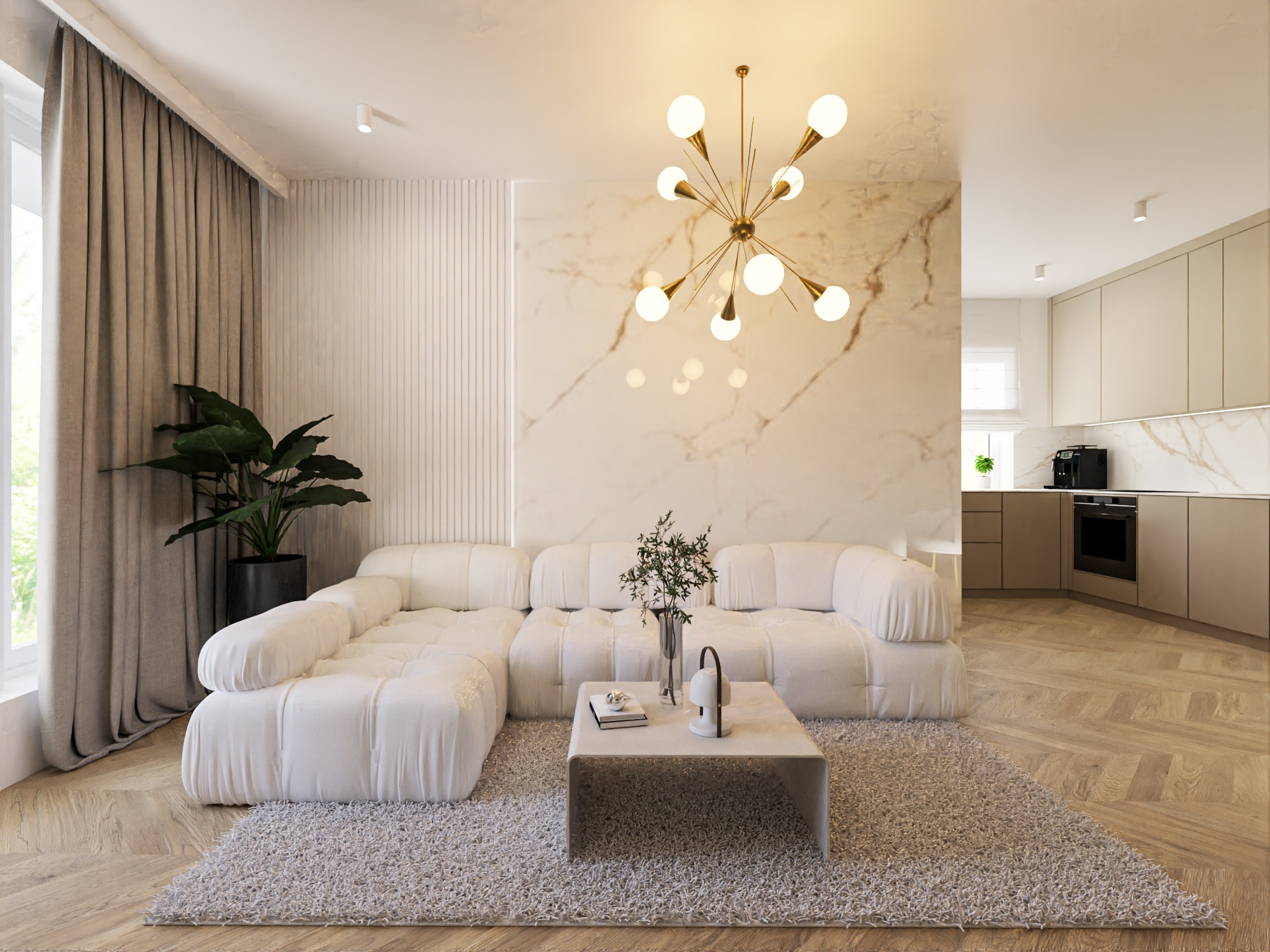 Jasne wnętrze: modułowa sofa w odcieniach bieli, marmurowa ściana, złoty żyrandol z kulistymi kloszami, drewniana podłoga ułożona w jodełkę, dywan typu shaggy i widok na kuchnię