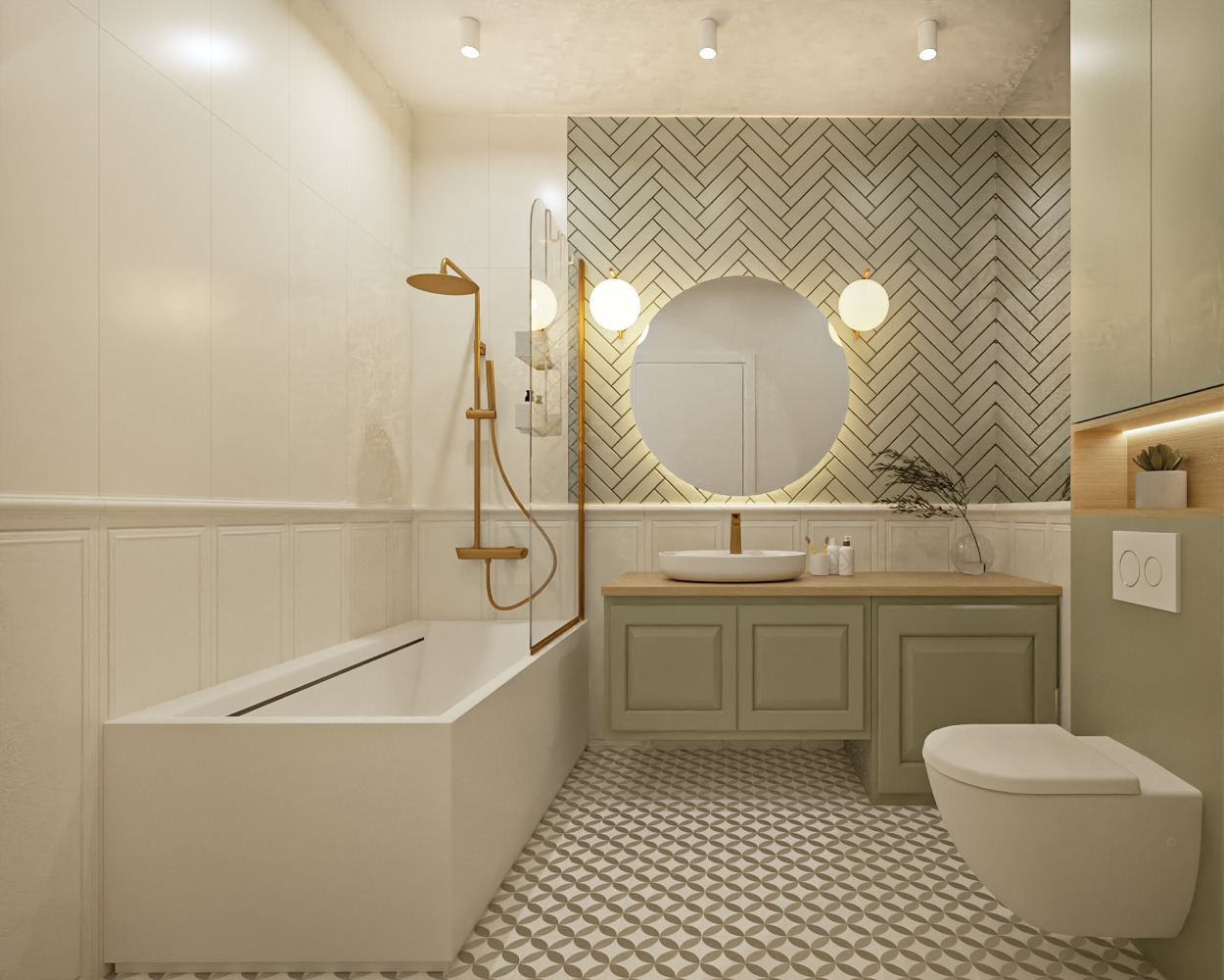 Jasna łazienka z wanną, umywalką na szafce w kolorze oliwkowym, okrągłym lustrem podświetlonym od tyłu i wzorzystą podłogą, wykończona w stylu nowoczesnym.