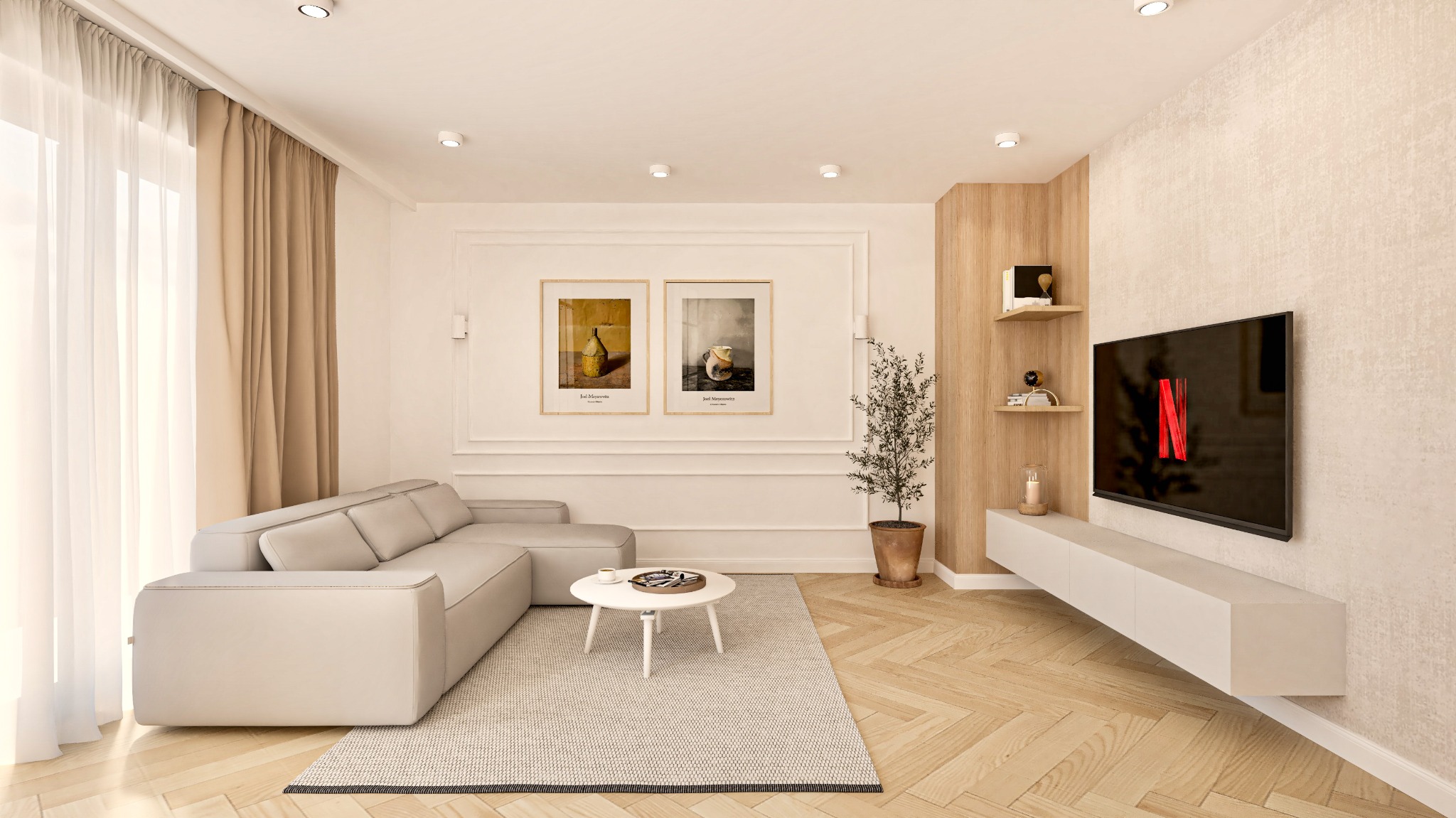 Jasny salon z narożną sofą, okrągłym stolikiem kawowym z tacą, dywanem w geometryczny wzór, telewizorem, drewnianą ścianą i rośliną w doniczce.