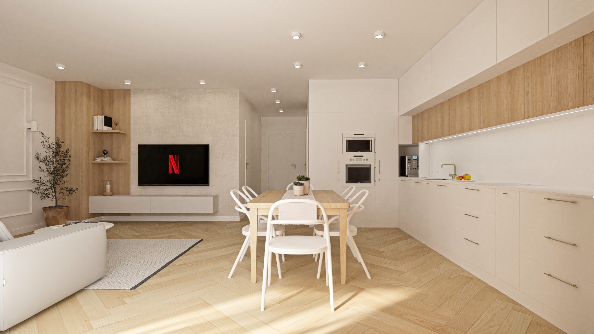 Jasne wnętrze mieszkania z parkietem w jodełkę, białymi meblami kuchennymi z drewnianymi akcentami, stołem z białymi krzesłami, telewizorem z logo Netflix i dekoracyjną rośliną.