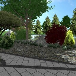 Marzena Tomalska - Wizualizacja ogrodu z różnorodną roślinnością: drzewa liściaste, iglaste, krzewy o czerwonych liściach, kamienie, ścieżka z płyt betonowych, altana w tle.