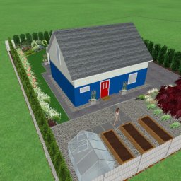 Marzena Tomalska - Wizualizacja projektu ogrodu z domem, szklarnią, podwyższonymi grządkami, rabatami kwiatowymi i drzewem o purpurowych liściach, otoczona białym płotem.