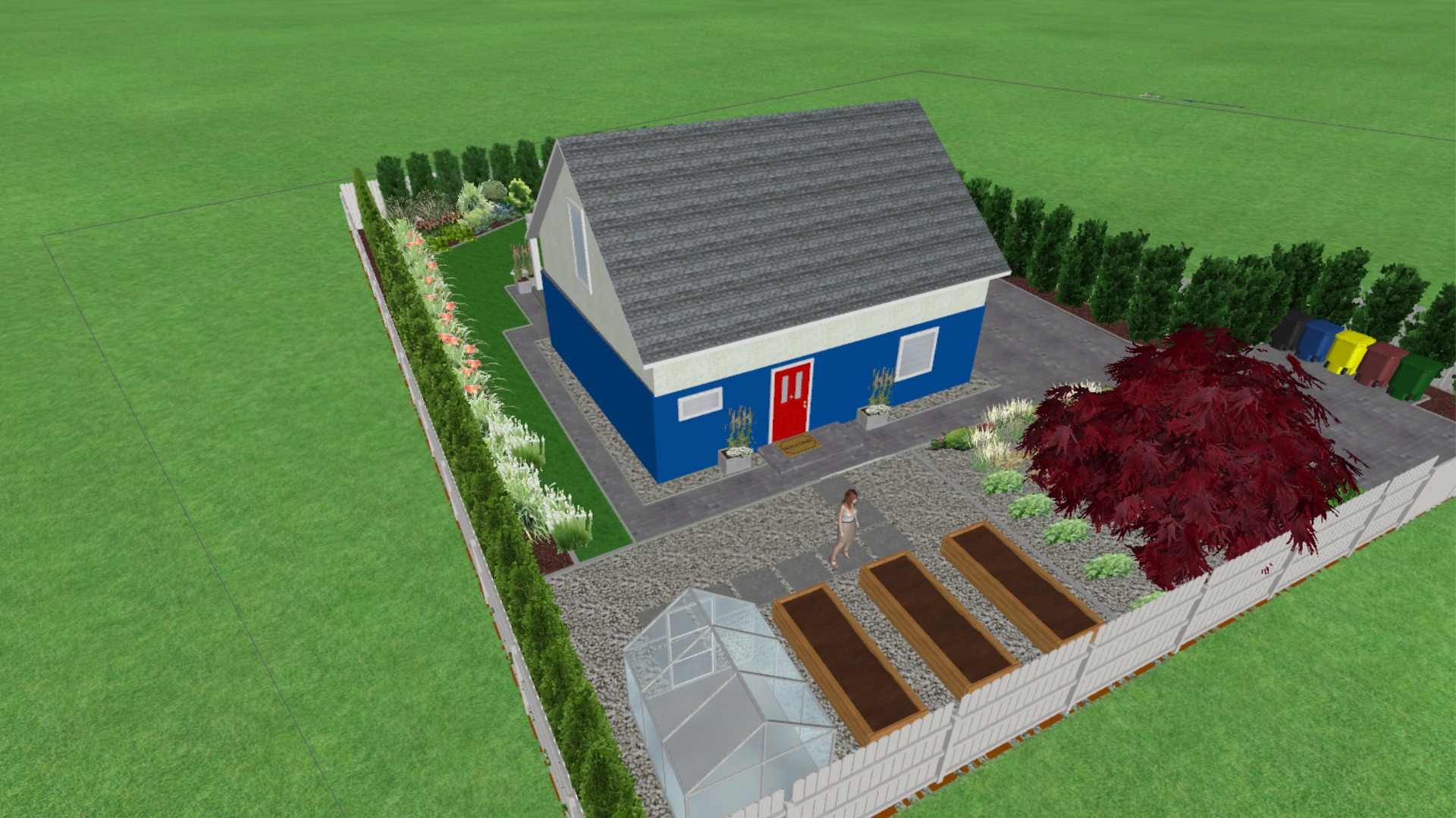 Wizualizacja projektu ogrodu z domem, szklarnią, podwyższonymi grządkami, rabatami kwiatowymi i drzewem o purpurowych liściach, otoczona białym płotem.