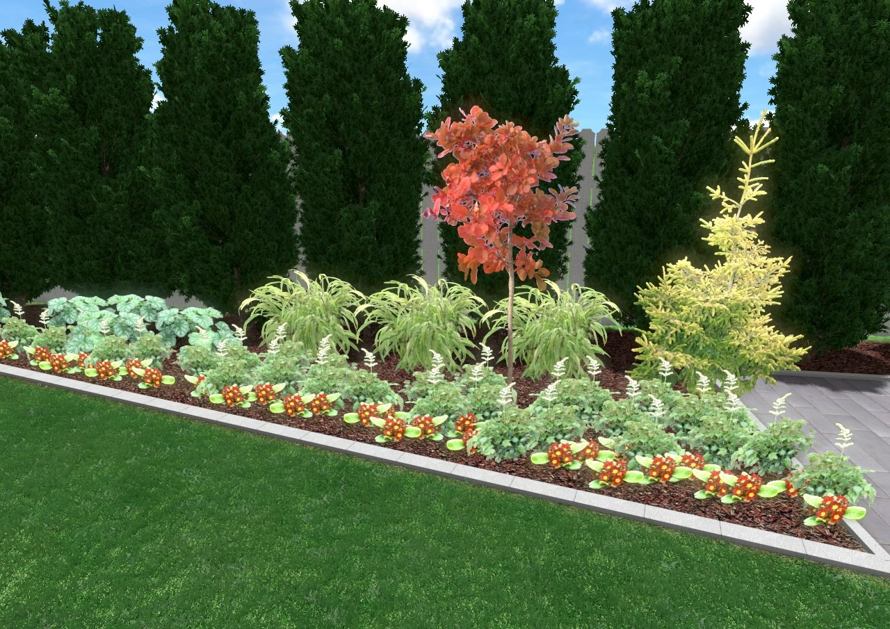 Wizualizacja rabaty kwiatowej z obrzeżem, z różnorodną roślinnością: niskie kwiaty z pomarańczowymi pąkami, srebrzyste liście, trawy ozdobne, młoda sosna i drzewko z czerwonymi liśćmi na tle...