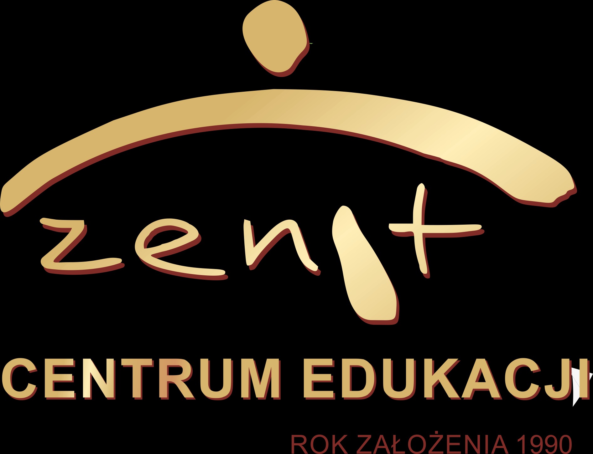 Złote logo 'Zenit Centrum Edukacji' na czarnym tle z rokiem założenia 1990.