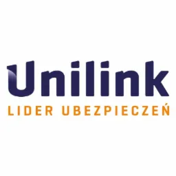 Logo firmy Unilink, lidera w branży ubezpieczeń, z nazwą w kolorze granatowym i sloganem w kolorze pomarańczowym.