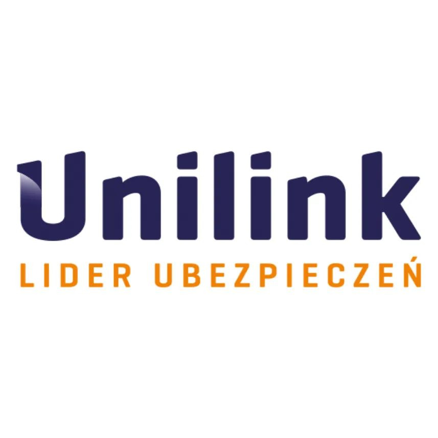 Logo firmy Unilink, lidera w branży ubezpieczeń, z nazwą w kolorze granatowym i sloganem w kolorze pomarańczowym.