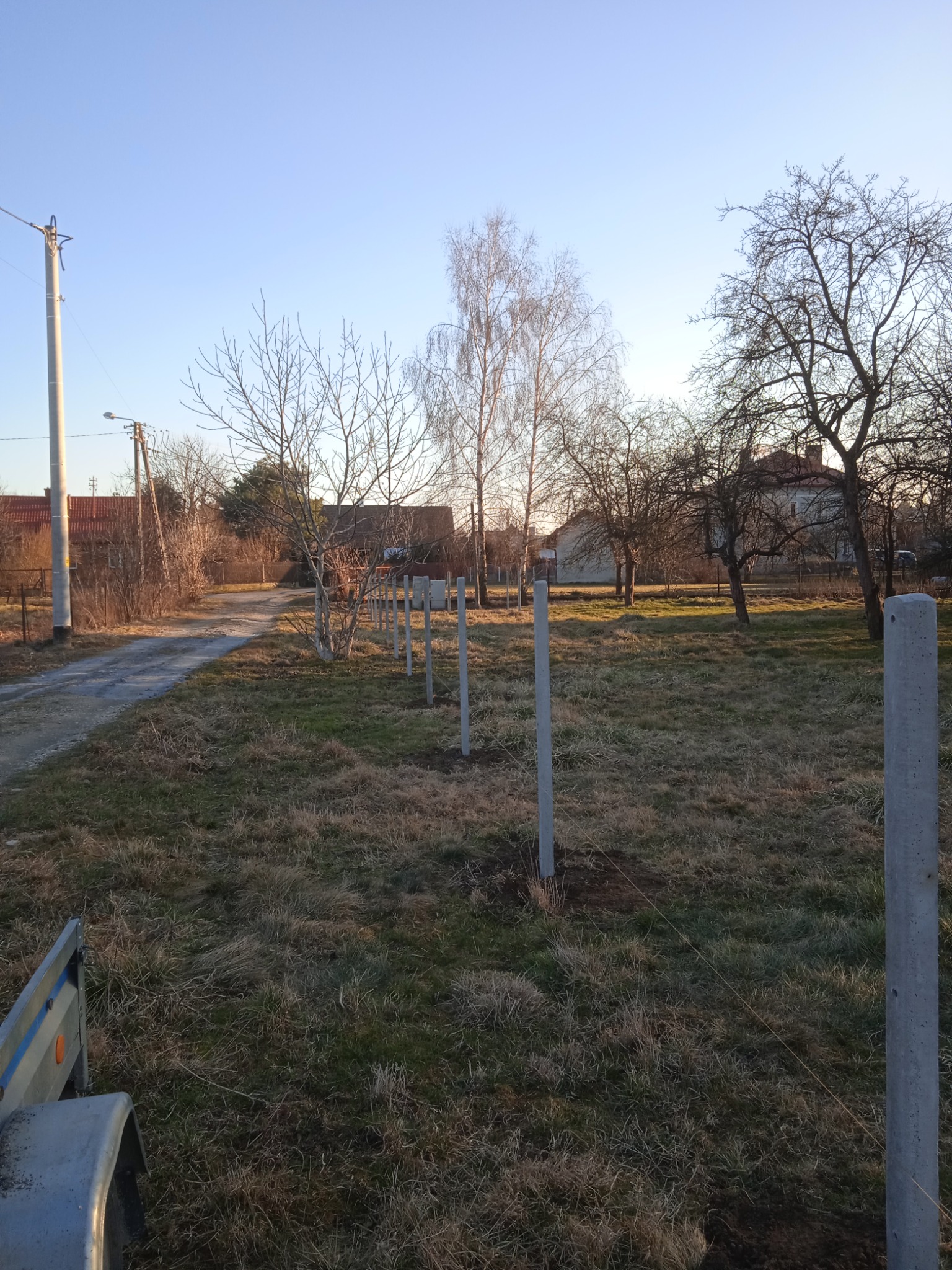 Wkopane słupki ogrodzeniowe w ziemi, wyznaczające linię przyszłego ogrodzenia, widoczne drzewa bez liści i fragment przyczepki.