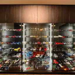 Półki z ciemnego drewna zabudowane od podłogi do sufitu, wypełnione kolekcją modeli samochodów, oświetlone punktowymi lampkami LED.