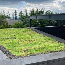 OK Projekt Jakub Okularczyk - Zielony dach z rozchodnika na nowoczesnej konstrukcji, otoczony kamieniami i szarą kostką, z widokiem na zalesione wzgórza w tle.