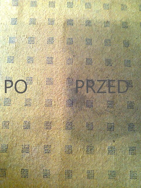 Fragment dywanu z wzorem w kwadraty, z widoczną różnicą w czystości między obszarem 'PRZED' a obszarem 'PO' czyszczeniu.