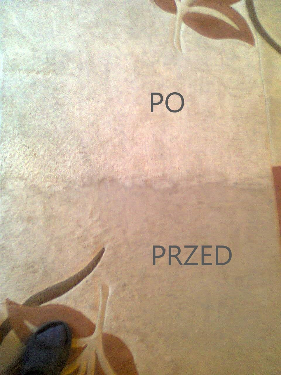 Dywan beżowy z wzorem liści, widoczna różnica w czystości: górna część 'PO', dolna część 'PRZED', fragment buta w lewym dolnym rogu.