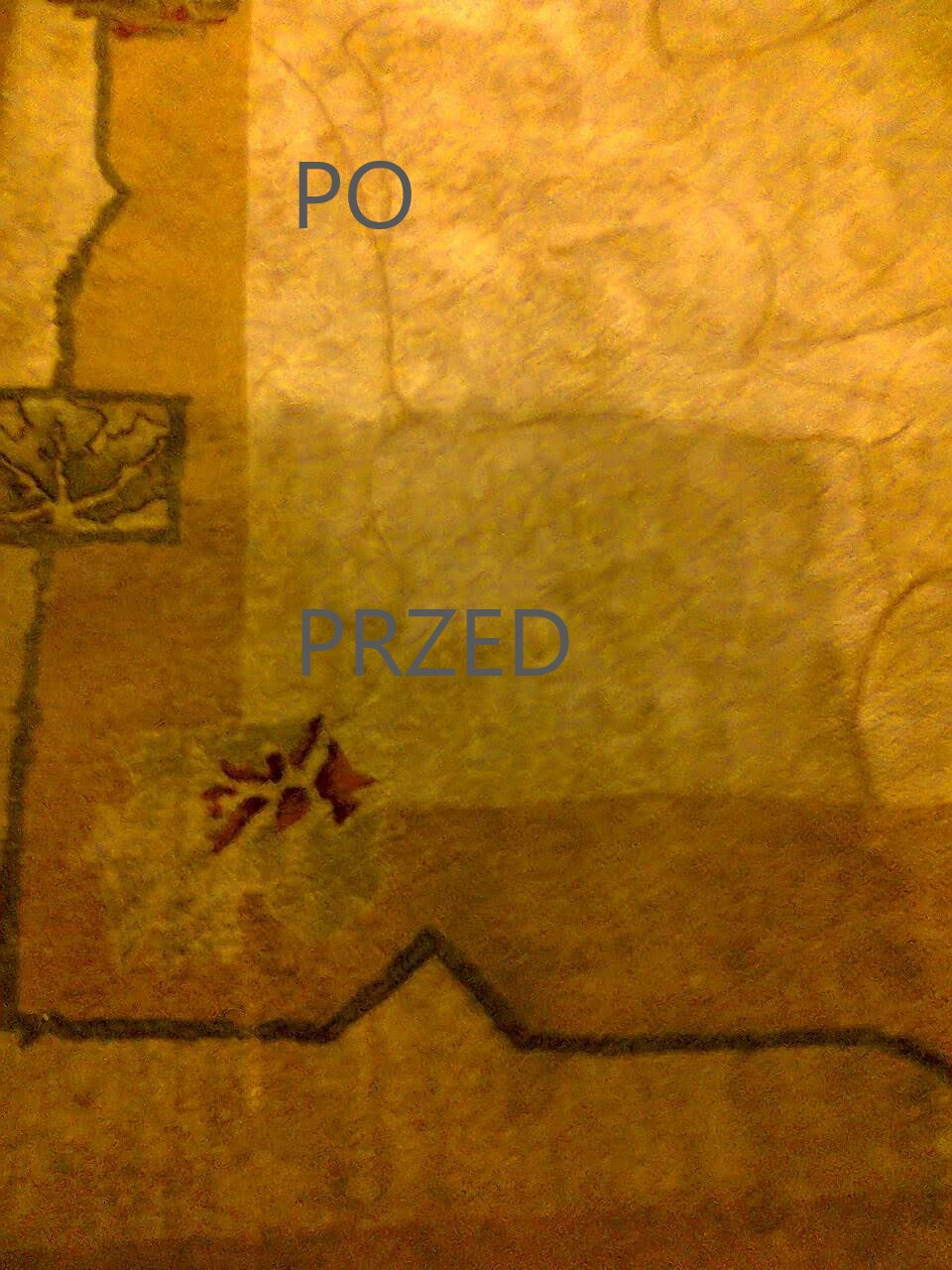 Fragment dywanu z widocznym obszarem 'Przed' czyszczeniem i obszarem 'Po' czyszczeniu, ukazujący różnicę w kolorze i usunięciu plam.