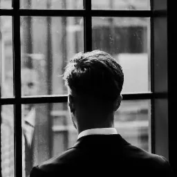 Mężczyzna w garniturze, widziany od tyłu, spogląda przez okno z kratami na zamazane miasto w czarno-białej tonacji.