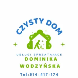 Logo firmy sprzątającej 'Czysty Dom' z sylwetką osoby odkurzającej wewnątrz zielonego obrysu domu, niebieski napis 'Czysty Dom' u góry, poniżej dane kontaktowe firmy.