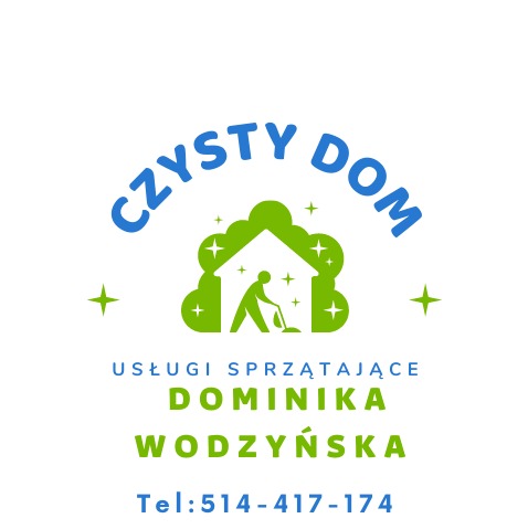 Logo firmy sprzątającej 'Czysty Dom' z sylwetką osoby odkurzającej wewnątrz zielonego obrysu domu, niebieski napis 'Czysty Dom' u góry, poniżej dane kontaktowe firmy.