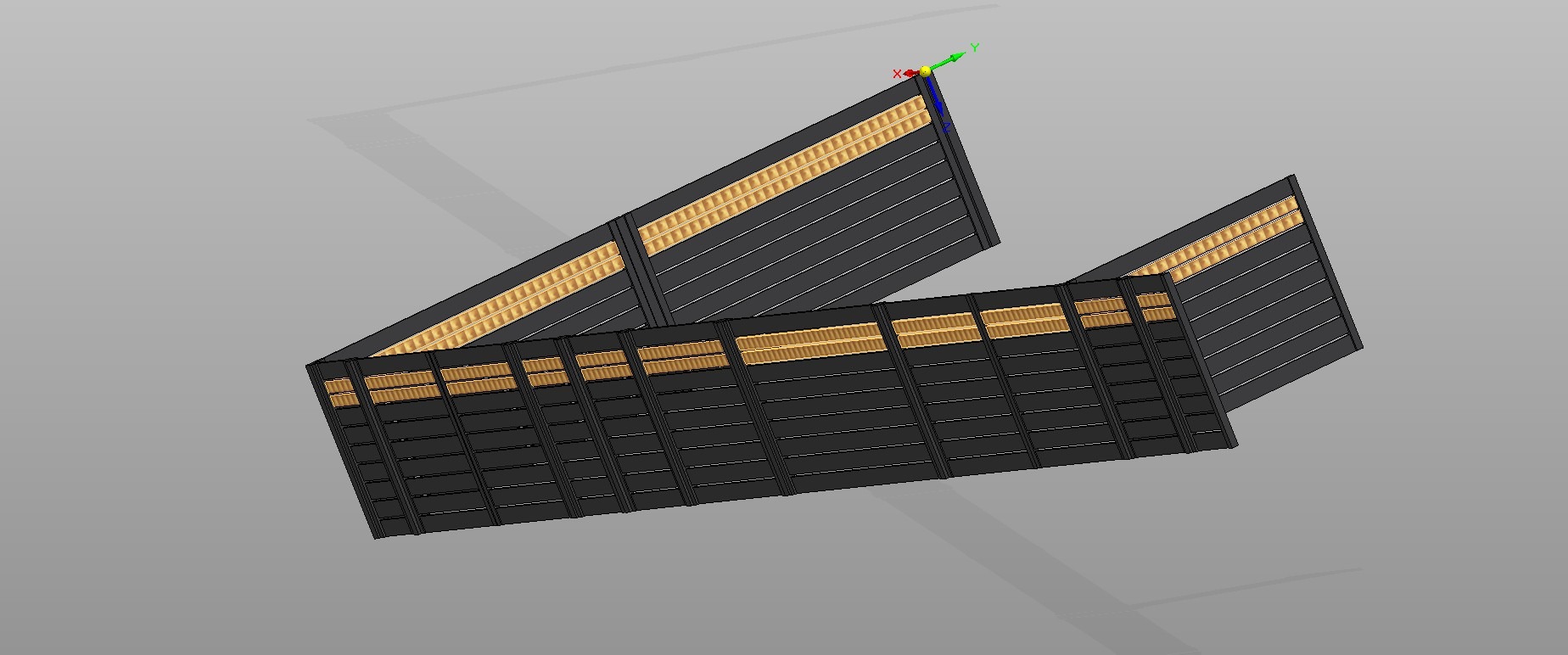 Wizualizacja 3D fragmentu czarnego ogrodzenia z poziomymi, brązowymi panelami dekoracyjnymi, widok z góry pod kątem.