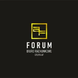 Złote logo 'Forum Biuro Rachunkowe Grupa AF' na czarnym tle, z abstrakcyjnym symbolem w kwadracie nad nazwą.