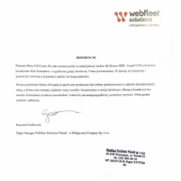 Skan dokumentu referencyjnego dla firmy Call Center Pro, z logo Webfleet Solutions w prawym górnym rogu, podpisany przez Krzysztofa Godlewskiego, Digital Manager Webfleet Solutions Poland.