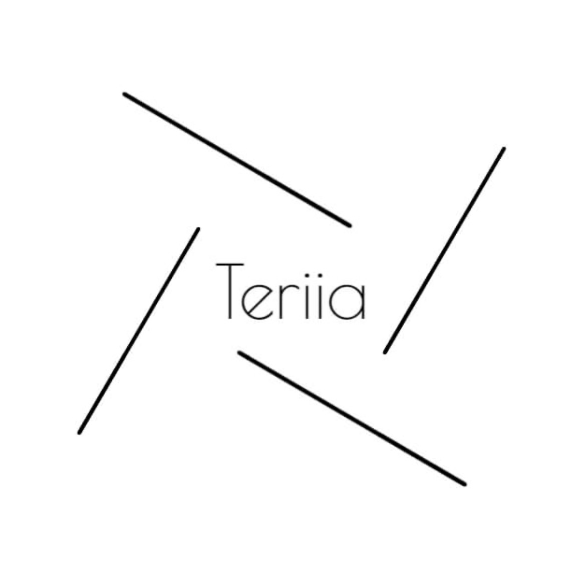 Minimalistyczne logo z nazwą 'Teriia' otoczoną czterema ukośnymi liniami tworzącymi abstrakcyjny kształt na białym tle.