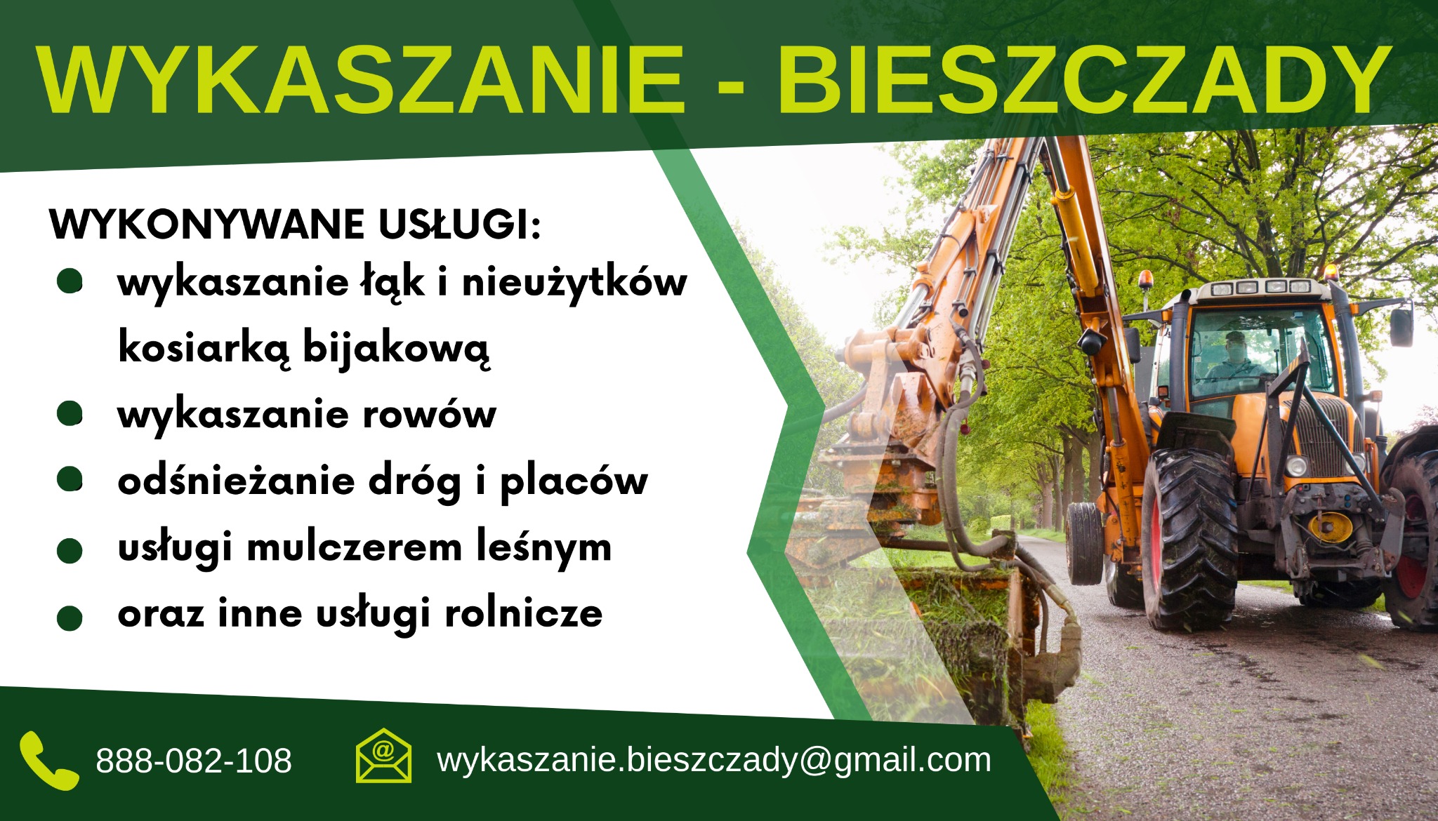 Reklama firmy z Bieszczad oferującej usługi wykaszania łąk i rowów, odśnieżania dróg i placów oraz usługi mulczerem leśnym, z pomarańczowym traktorem z zamontowanym ramieniem z kosiarką bijakową...