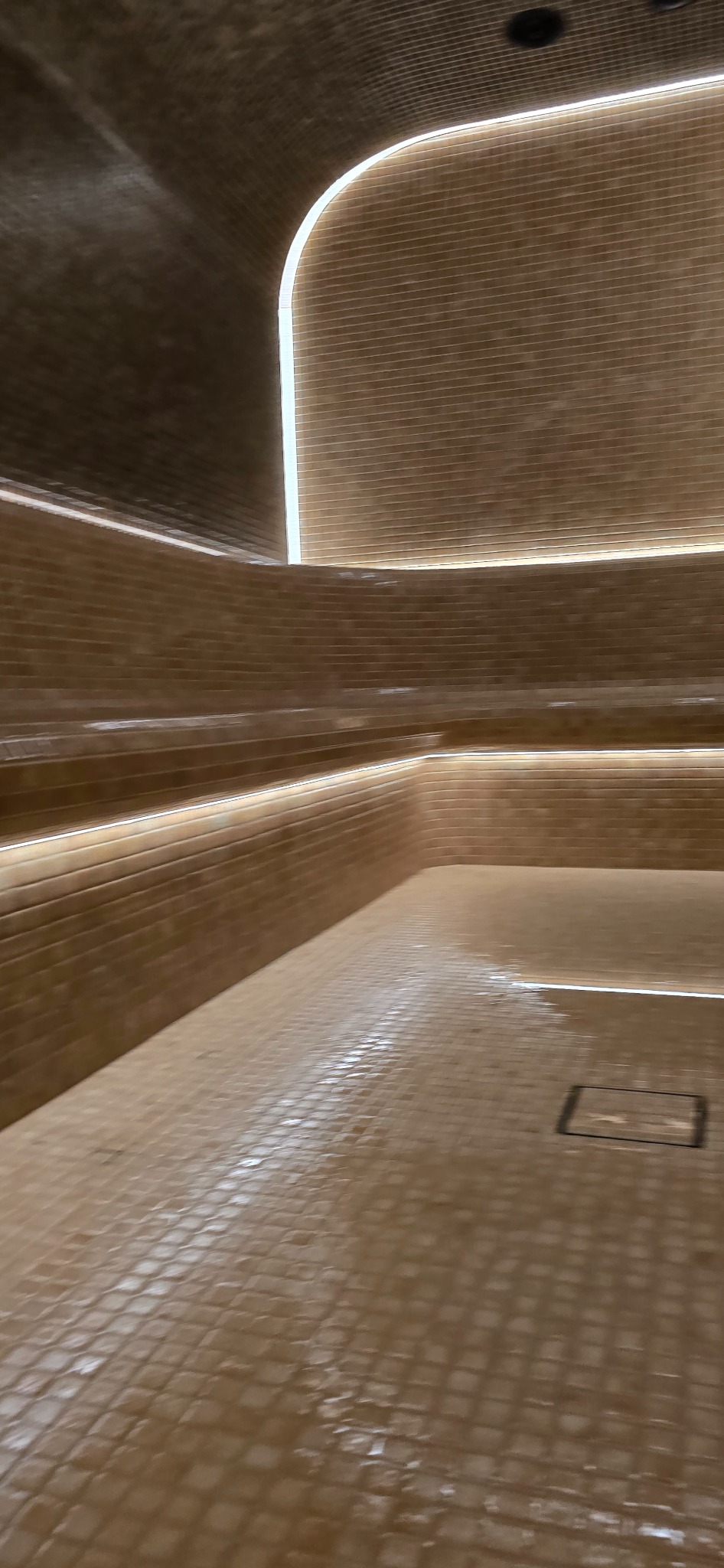 Nowoczesna sauna wykończona mozaiką w odcieniach beżu, z podświetlanymi półkami i odpływem liniowym w podłodze. Minimalistyczny design z zaokrąglonymi kształtami.