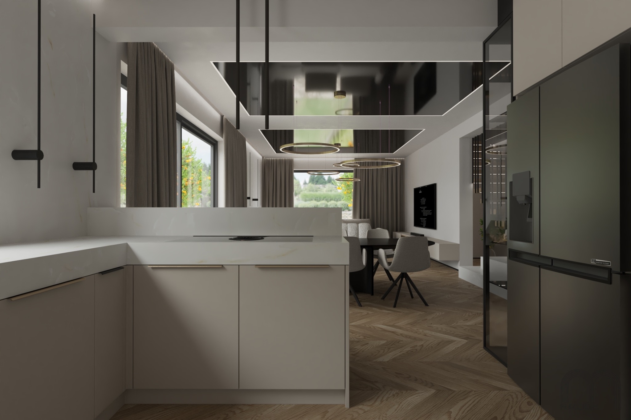 Nowoczesne wnętrze: kuchnia z wyspą, jadalnia z okrągłymi lampami i parkiet w jodełkę, widok na salon z telewizorem.