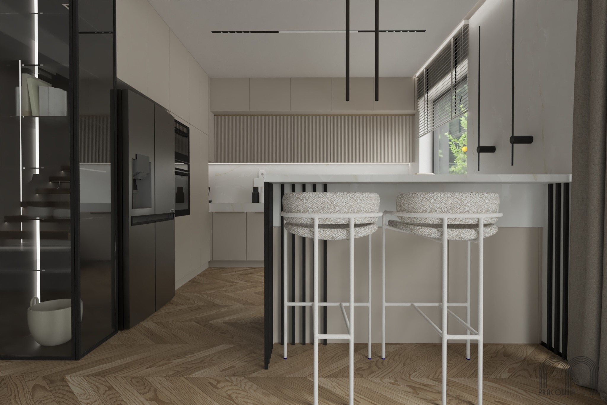 Nowoczesna kuchnia w odcieniach beżu z drewnianą podłogą w jodełkę, wyspą z białym blatem i dwoma białymi hokerami z teksturowanymi siedziskami. Widoczne minimalistyczne oświetlenie sufitowe...