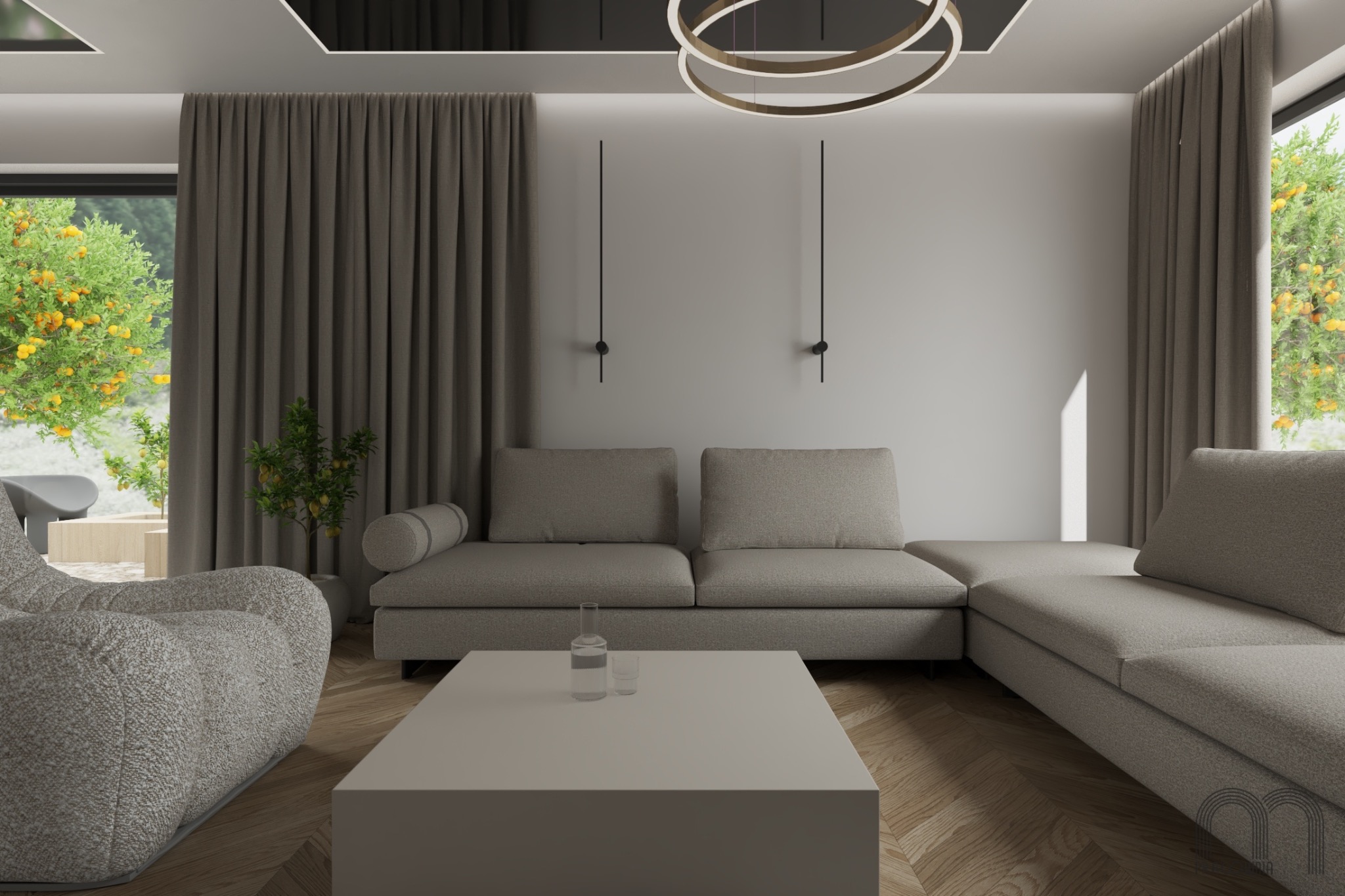 Jasne, przestronne wnętrze salonu z szarą, modułową sofą narożną, minimalistycznym stolikiem kawowym z wodą w karafce i szklance, miękkim fotelem typu 'bean bag', drewnianą podłogą w jodełkę...