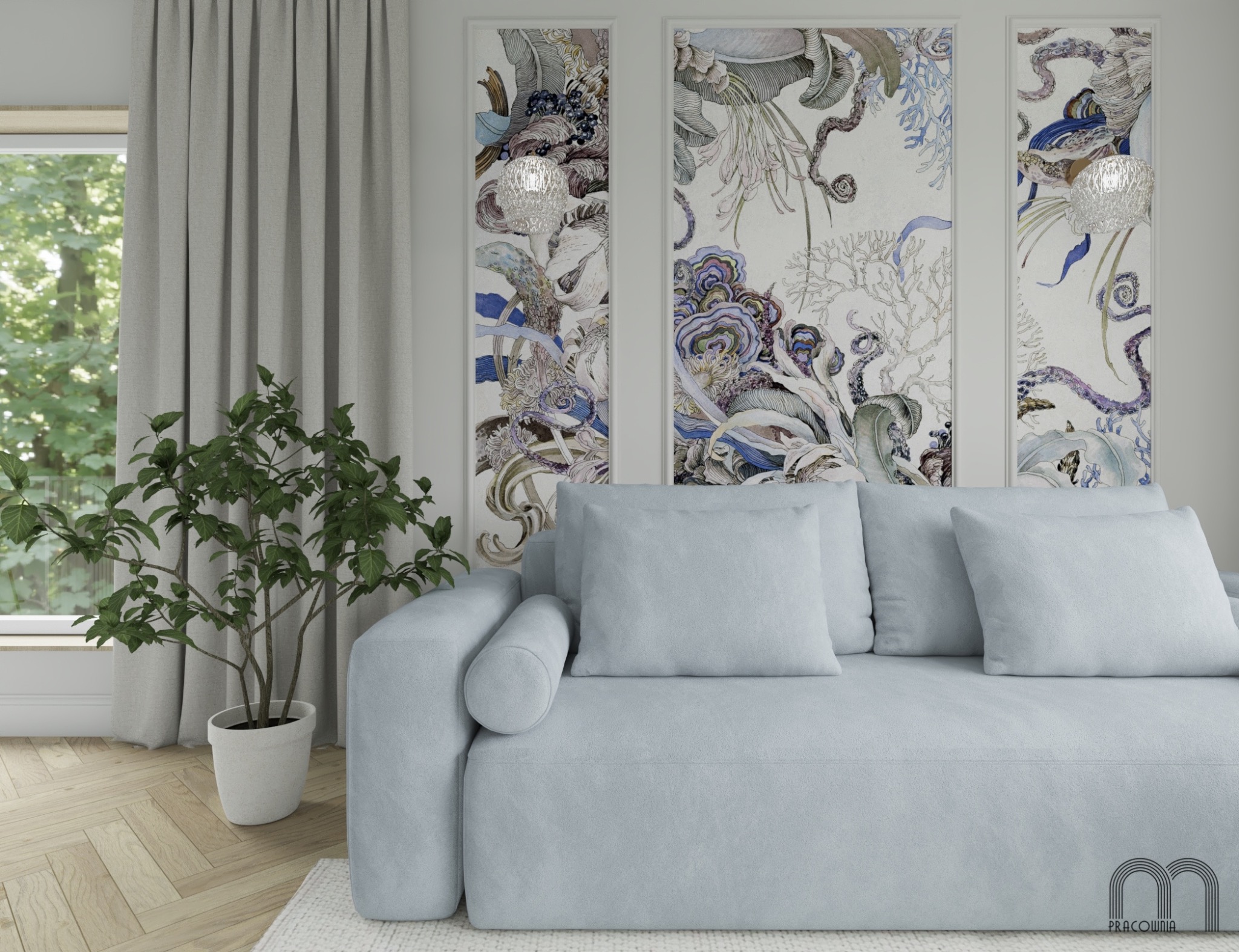 Jasnoszara sofa z poduszkami na tle ściany z trzema panelami dekoracyjnymi o tematyce morskiej, obok okna z zasłoną i rośliną doniczkową.