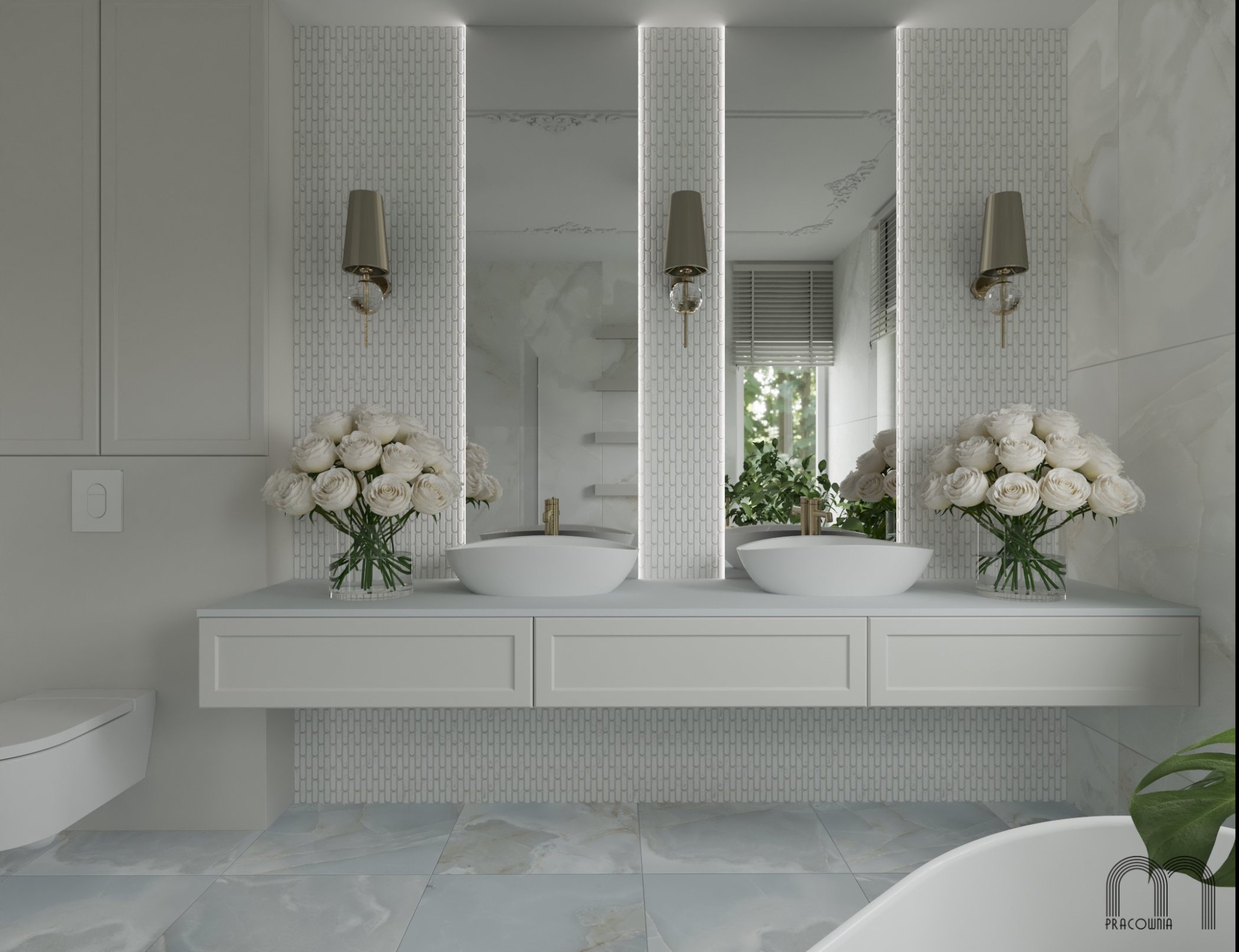 Nowoczesna łazienka z podwójną umywalką nablatową, białymi meblami z frezowanymi frontami, dekoracyjną mozaiką na ścianie za lustrami i bukietami białych róż.