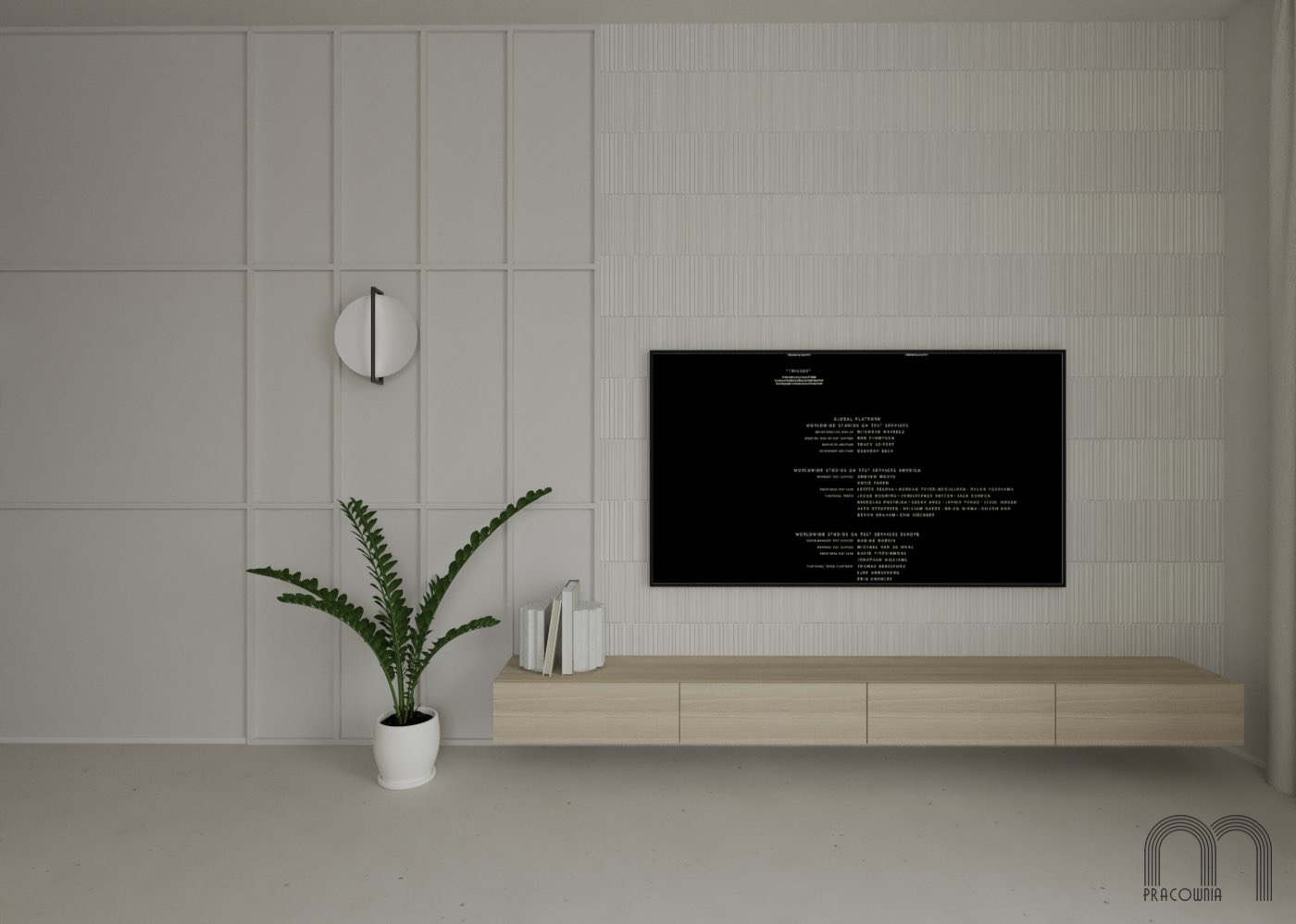 Minimalistyczny salon z telewizorem wyświetlającym napisy końcowe filmu, drewnianą szafką RTV, rośliną doniczkową i okrągłym zegarem na ścianie z subtelną dekoracją.