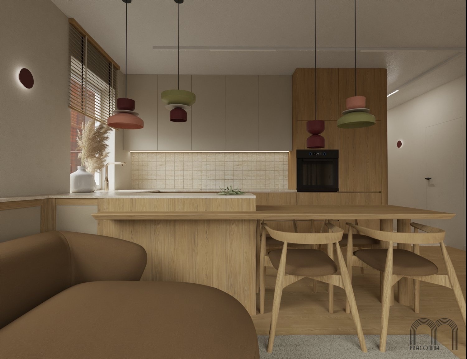 Wizualizacja wnętrza kuchni z jadalnią w neutralnej kolorystyce, z drewnianymi meblami, okrągłymi lampami wiszącymi w odcieniach czerwieni i zieleni oraz sofą w kolorze karmelowym na pierwszym planie.