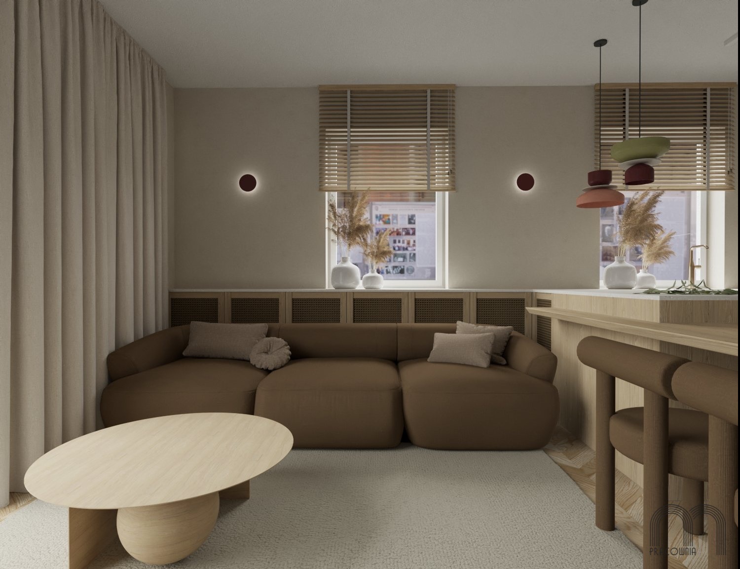 Wizualizacja salonu w neutralnych barwach z brązową sofą modułową, owalnym stolikiem kawowym i drewnianymi żaluzjami w oknach, oświetlonego nowoczesnymi lampami wiszącymi.