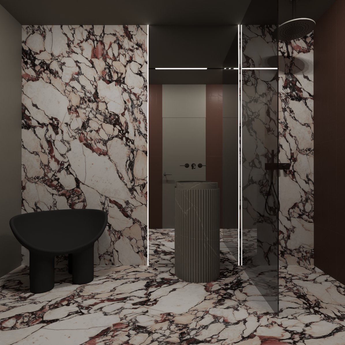 Nowoczesna łazienka z marmurowymi płytami w odcieniach bieli i czerwieni, minimalistyczna czarna toaleta i umywalka w kształcie kolumny z ryflowanym wykończeniem, kabina prysznicowa ze szklaną ścianą.