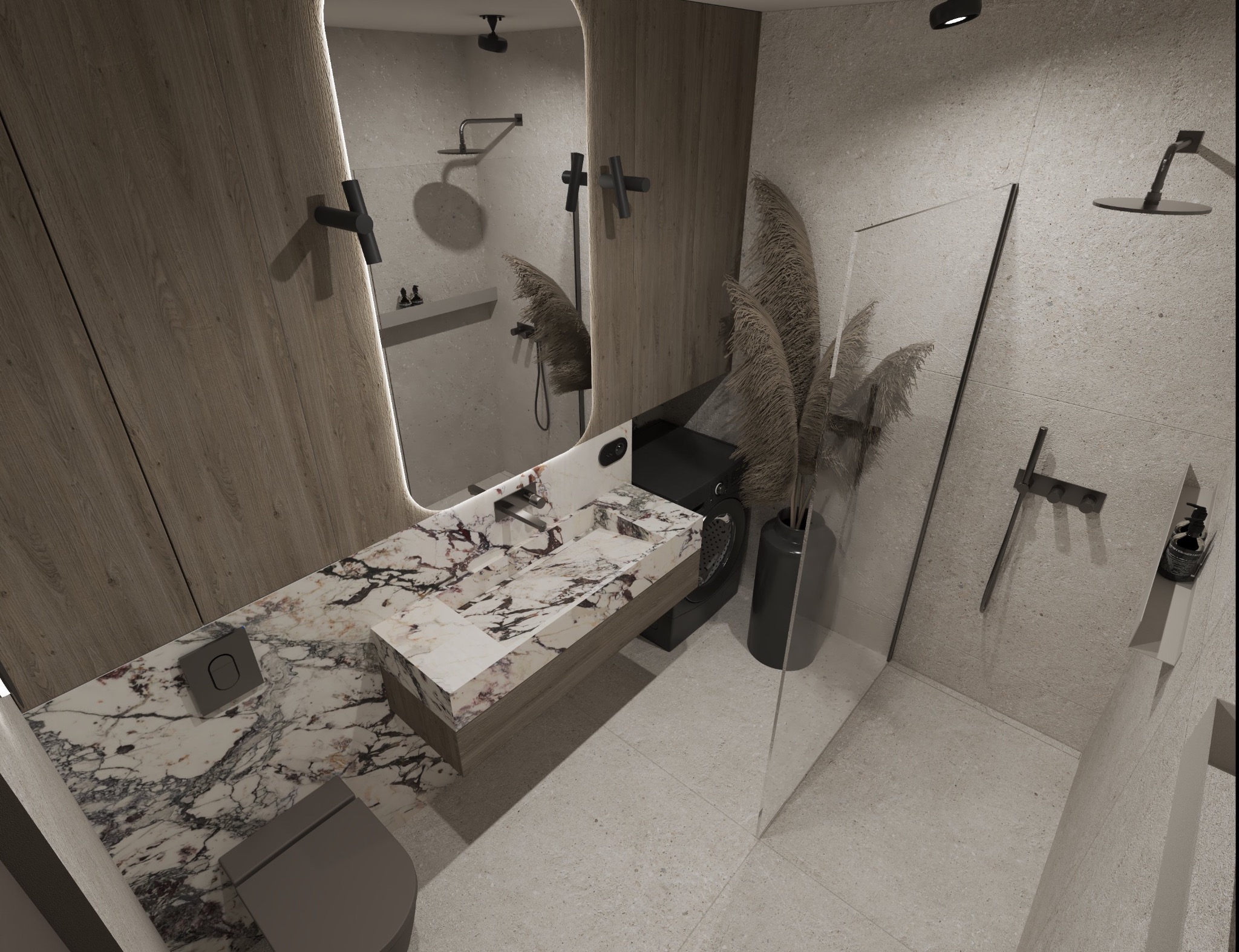 Nowoczesna łazienka z marmurowym blatem umywalki, drewnianą zabudową, czarną armaturą i wysoką trawą pampasową w czarnym wazonie, widok z góry.