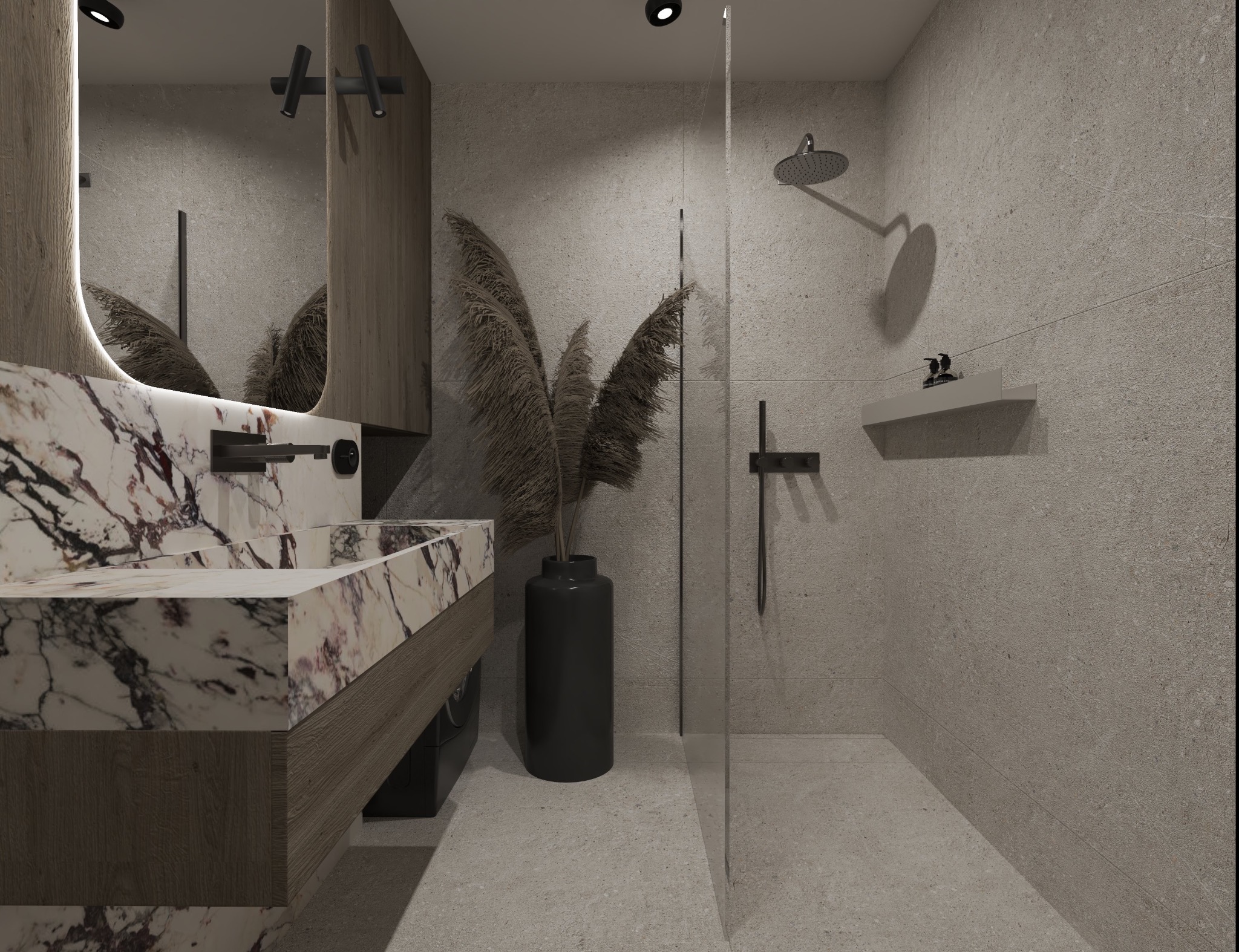 Nowoczesna łazienka z marmurową umywalką, czarną armaturą i szklaną kabiną prysznicową, ozdobiona pampasową trawą w czarnym wazonie.