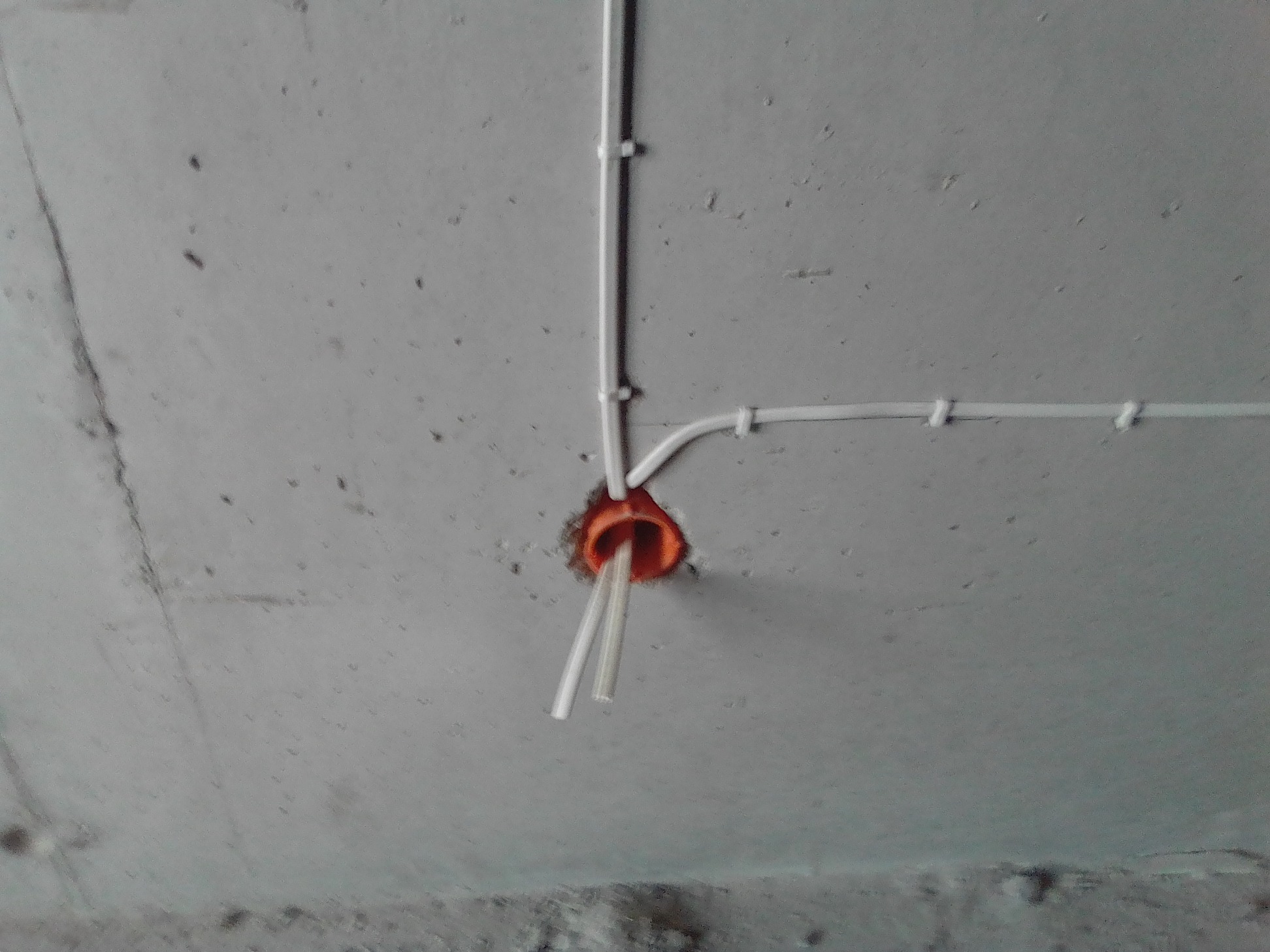 Betonowy sufit z puszką instalacyjną i wychodzącymi przewodami elektrycznymi w białych rurkach karbowanych.