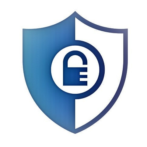 Niebiesko-biała tarcza z symbolem kłódki w okręgu, logo firmy z branży zabezpieczeń.