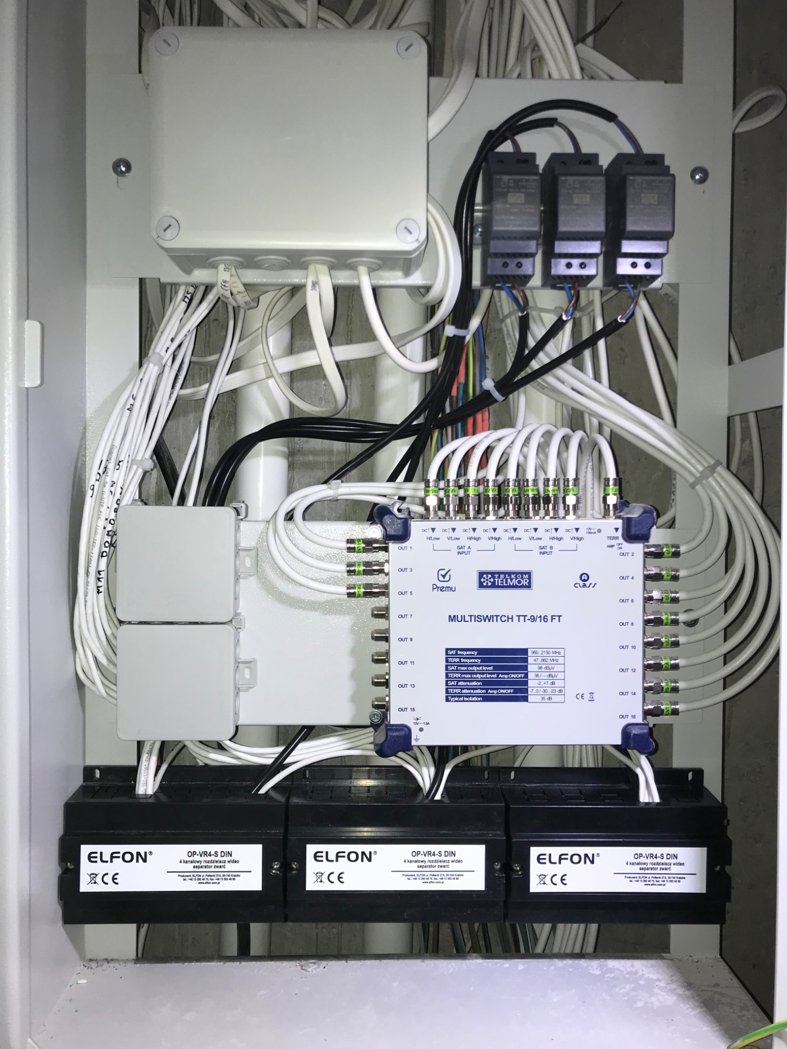 Rozdzielnica z multiswitchem Telkom Telmor TT-9/16 FT, separatorami wideo Elfon OP-VR4-S DIN i przewodami koncentrycznymi, zainstalowana w szafce.