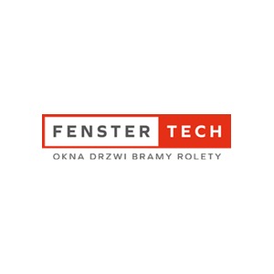 Logo firmy Fenster Tech z napisem w białej czcionce na czerwonym prostokątnym tle, poniżej napis 'OKNA DRZWI BRAMY ROLETY' ciemnoszarą czcionką na białym tle.