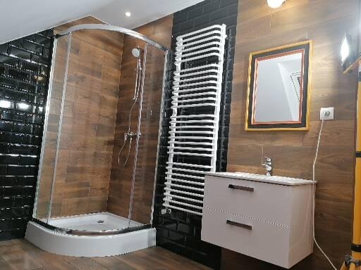 Nowoczesna łazienka z kabiną prysznicową, grzejnikiem drabinkowym, umywalką z szafką i lustrem w złotej ramie, wykończona płytkami imitującymi drewno i czarną cegłę.